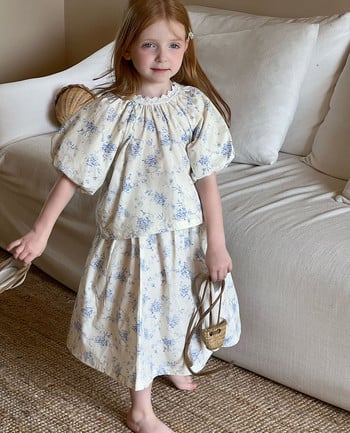 Винтидж синя рокля с флорални щампи за момиченце Принцеса Детска блуза с флорални мотиви в испански стил Комплекти блузи за бебета Детско облекло 9T