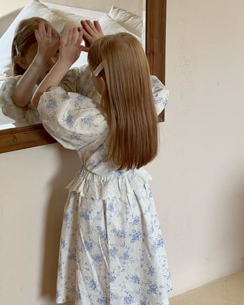 Винтидж синя рокля с флорални щампи за момиченце Принцеса Детска блуза с флорални мотиви в испански стил Комплекти блузи за бебета Детско облекло 9T