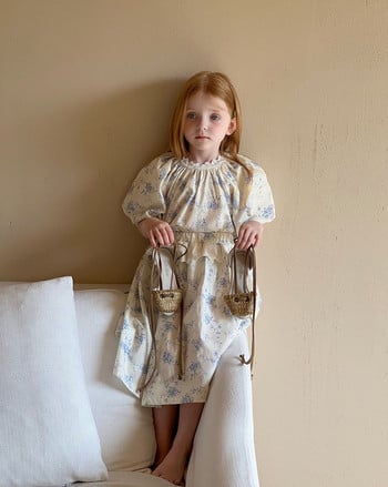 Vintage βρεφικό μωρό μπλε φλοράλ εμπριμέ σετ φόρεμα Princess Floral παιδικό σετ μπλούζας σε Ισπανικό στυλ Βρεφικά παιδικά ρούχα 9Τ