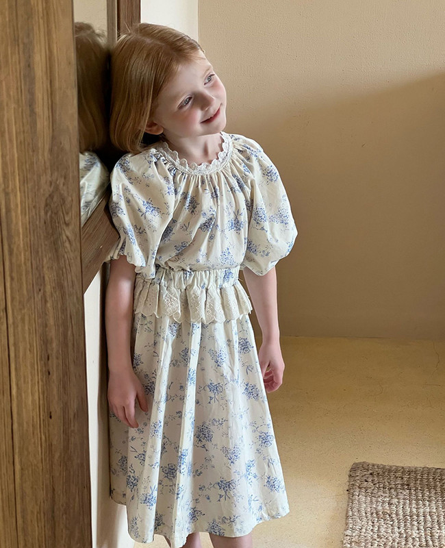 Vintage kislány kék virágos nyomott ruhakészlet Princess virágos gyerek spanyol stílusú blúz szettek csecsemő baba gyerekruha 9T