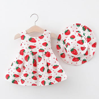 Бебешка рокля 2024 г. Лято, ново момиче, рокля със сладка панделка, детска щампа на ягоди, малка свежа ежедневна рокля+шапка, детско облекло