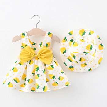 Βρεφικό φόρεμα 2024 Καλοκαίρι Νέο κοριτσίστικο γλυκό φόρεμα με φιόγκο Παιδικό τύπωμα φράουλα Μικρό φρέσκο καθημερινό φόρεμα+καπέλο παιδικά ρούχα