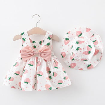 Бебешка рокля 2024 г. Лято, ново момиче, рокля със сладка панделка, детска щампа на ягоди, малка свежа ежедневна рокля+шапка, детско облекло