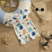 ma&baby 0-4Y Прохождащи деца, момчета, момичета, бански костюм с щампа на динозавър с къс ръкав, бански костюм с цип, плажно облекло, бански костюм