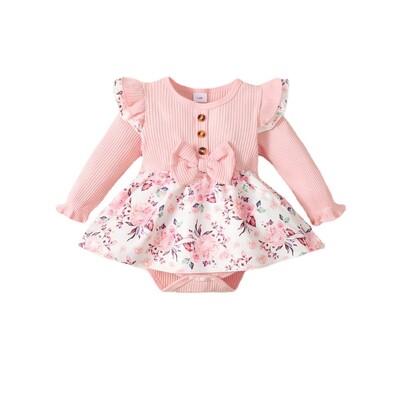2 DB Baby Girl Princess Romper ruha, hosszú ujjú, szép bordázott, virágos kombiné fejpánttal 0-18 hónapos újszülött kislánynak