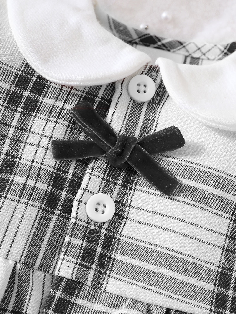 Tavaszi őszi lányruha kerek nyakú, hosszú ujjú masnigombos kockás bolyhos ruha Divatos aranyos csecsemő gyerek