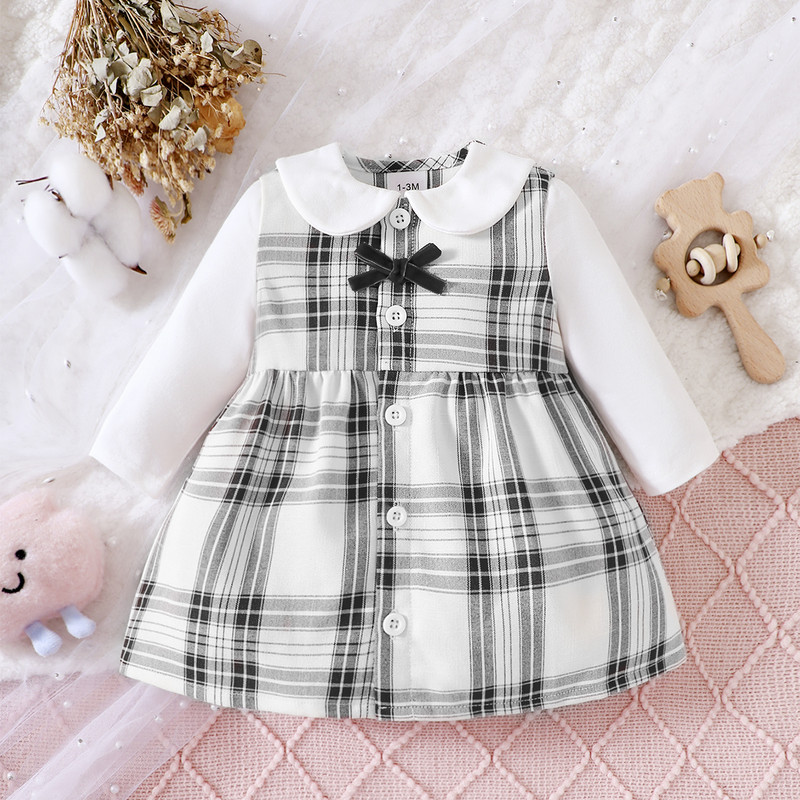 Tavaszi őszi lányruha kerek nyakú, hosszú ujjú masnigombos kockás bolyhos ruha Divatos aranyos csecsemő gyerek