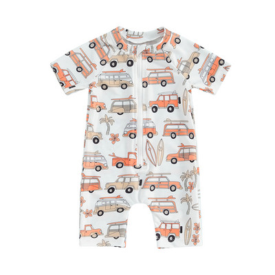 Lioraitiin Toddler Gyerekek Fiú Fürdőruha Bikini Rajzfilm autónyomtatás Rövid ujjú cipzáras Jumpsuits Fürdőruhák Strandruhák