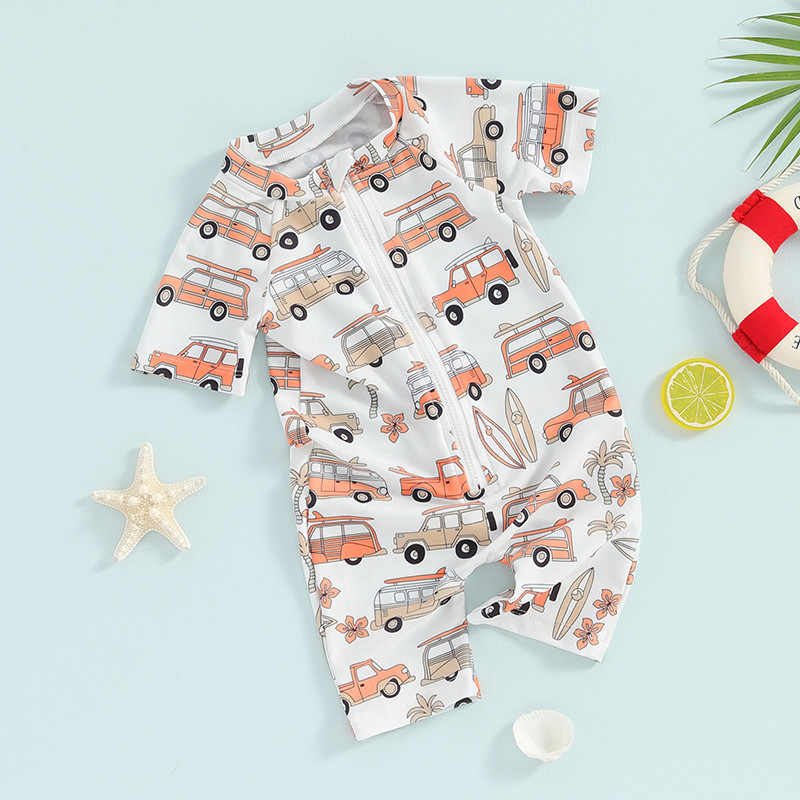 Lioraitiin Toddler Gyerekek Fiú Fürdőruha Bikini Rajzfilm autónyomtatás Rövid ujjú cipzáras Jumpsuits Fürdőruhák Strandruhák