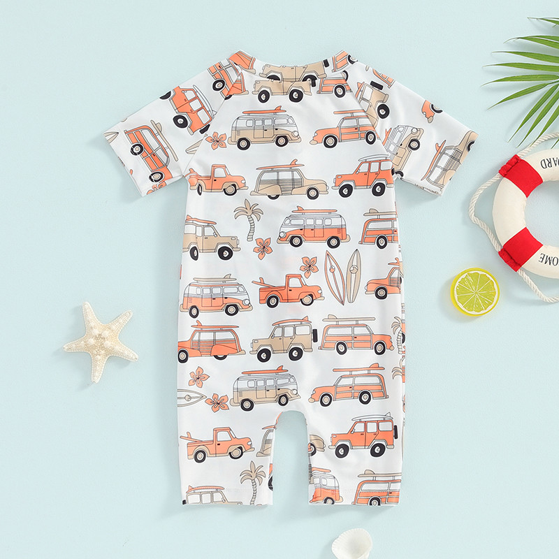 Lioraitiin Toddler Gyerekek Fiú Fürdőruha Bikini Rajzfilm autónyomtatás Rövid ujjú cipzáras Jumpsuits Fürdőruhák Strandruhák