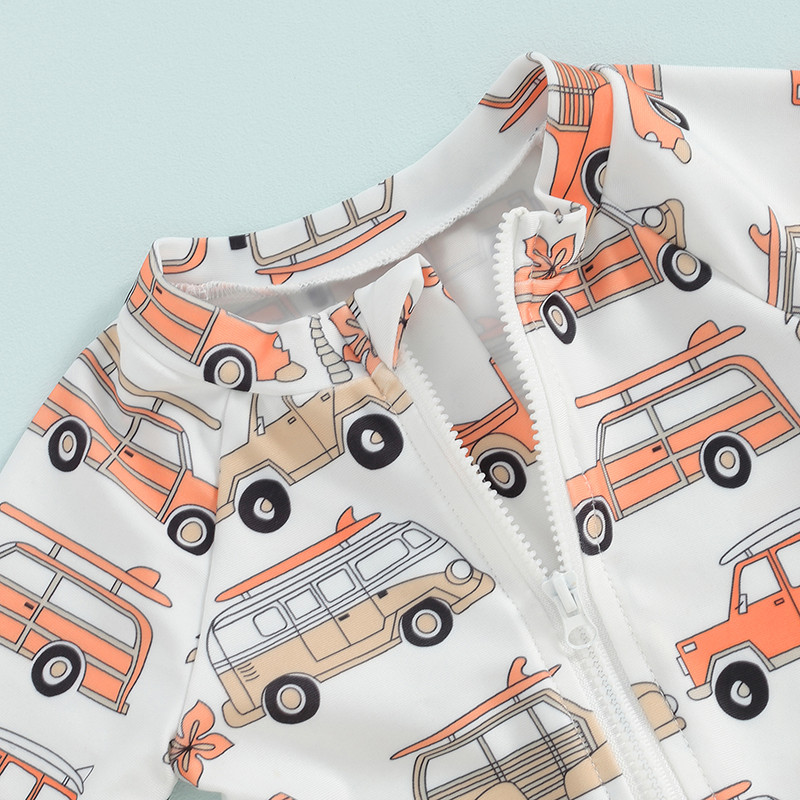 Lioraitiin Toddler Gyerekek Fiú Fürdőruha Bikini Rajzfilm autónyomtatás Rövid ujjú cipzáras Jumpsuits Fürdőruhák Strandruhák