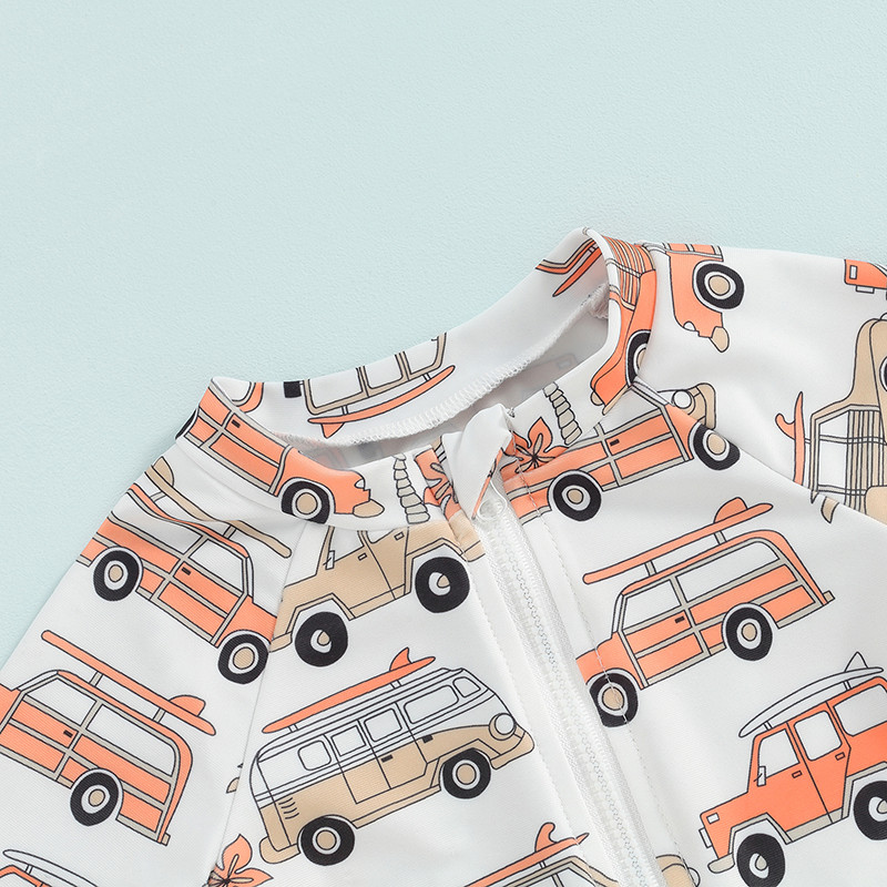 Lioraitiin Toddler Gyerekek Fiú Fürdőruha Bikini Rajzfilm autónyomtatás Rövid ujjú cipzáras Jumpsuits Fürdőruhák Strandruhák