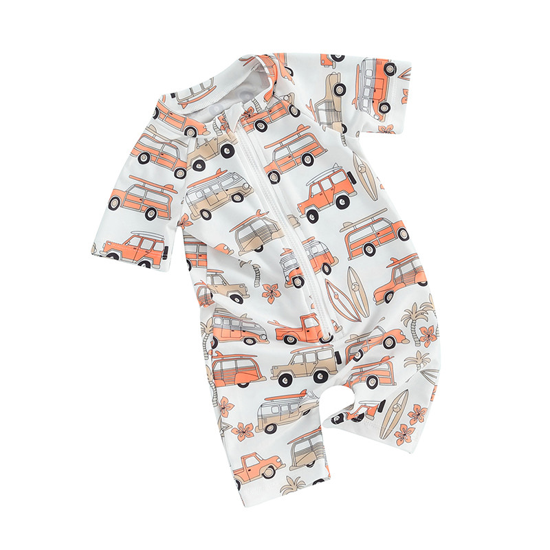 Lioraitiin Toddler Gyerekek Fiú Fürdőruha Bikini Rajzfilm autónyomtatás Rövid ujjú cipzáras Jumpsuits Fürdőruhák Strandruhák