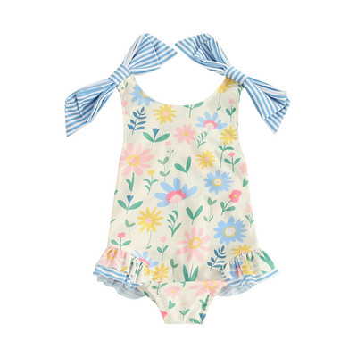 Printsess Bowknot Little Girls Ujumisriided Bikiinid Rannarõivad Suvised varrukateta sõõrik, lillemustriga volangidega väikelapse ujumiskostüüm