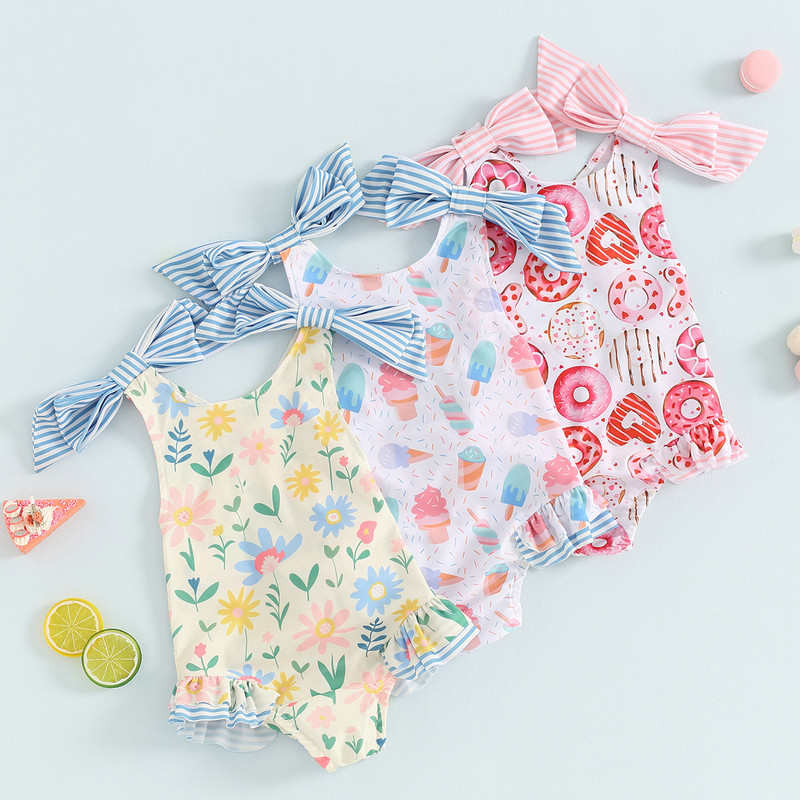 Бански костюм за малки момичета Princess Bowknot Бикини Плажно облекло Летен бански костюм без ръкави с поничка с флорални принтове и волани за малки деца