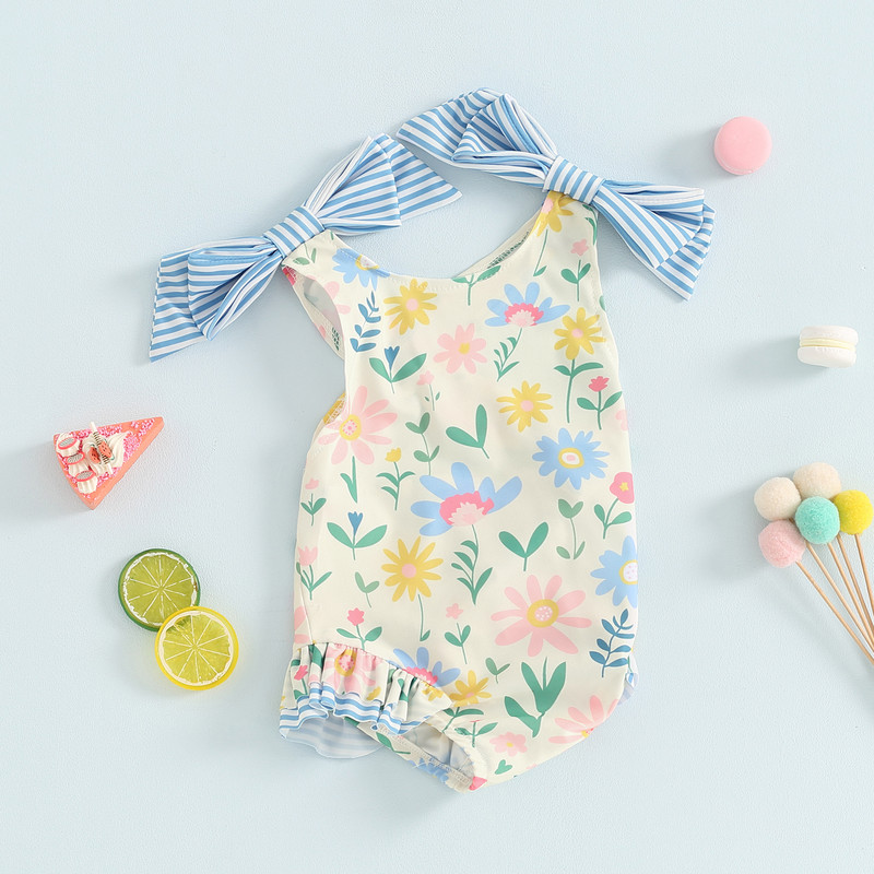 Бански костюм за малки момичета Princess Bowknot Бикини Плажно облекло Летен бански костюм без ръкави с поничка с флорални принтове и волани за малки деца