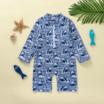 FOCUSNORM 0-5Y Kid Boy Бански гащеризон с дълъг ръкав с цип с щампа на животни/дърво Плажни бански костюми Къси панталони