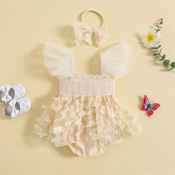 Бебешка рокля за момичета Пеперуда Декор Fly Sleeve Ruched Мрежеста пола Hem Гащеризони Дрехи за новородени Бебешки бодита с лента за глава