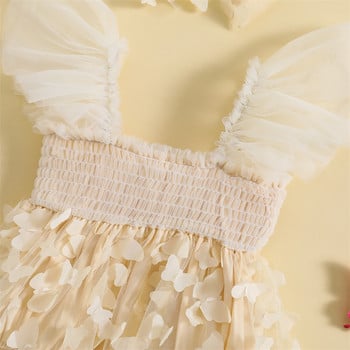 Бебешка рокля за момичета Пеперуда Декор Fly Sleeve Ruched Мрежеста пола Hem Гащеризони Дрехи за новородени Бебешки бодита с лента за глава