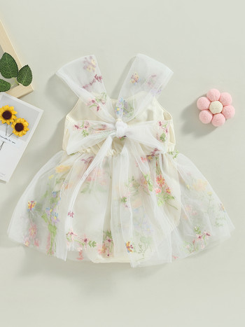 Βρεφικό φόρεμα με λουλουδάτο κεντημένο φόρεμα με διχτυωτό τούλι φούστα - αξιολάτρευτο αμάνικο βρεφικό ρούχο για το καλοκαίρι