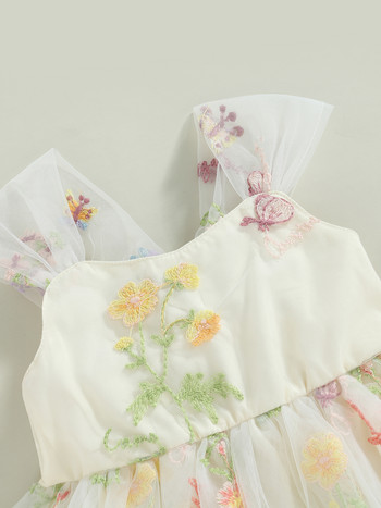 Βρεφικό φόρεμα με λουλουδάτο κεντημένο φόρεμα με διχτυωτό τούλι φούστα - αξιολάτρευτο αμάνικο βρεφικό ρούχο για το καλοκαίρι