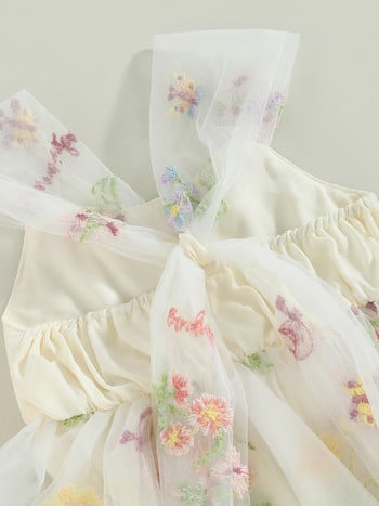 Рокля с бродирани цветя за момиченце с мрежеста пачка от тюл - очарователно детско облекло без ръкави за лятото