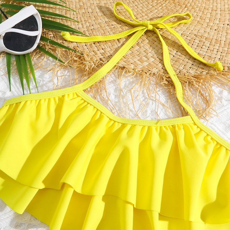 Lány fodros szegély virágos bikini fürdőruha gyerekeknek, magas derekú, kétrészes gyerek fürdőruha 5-14 éves korig kötőfék felső fürdőruha