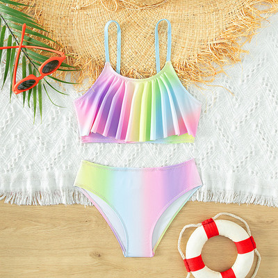 Nyakkendővel festett, nyomott lány fürdőruha Gyerek lányok fürdőruha kétrészes bikini szett Fodor fürdőruhák Flounced Tankini fürdőruha 아기 수영복