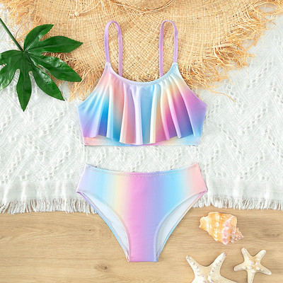 Nyakkendővel festett, nyomott lány fürdőruha Gyerek lányok fürdőruha kétrészes bikini szett Fodor fürdőruhák Flounced Tankini fürdőruha 아기 수영복