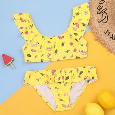 Lányok grafikai nyomtatással készült bikini fürdőruha, gyerekeknek, fodros díszítéssel, kétrészes gyermek fürdőruha 7-14 éves tinédzserek strandruhája