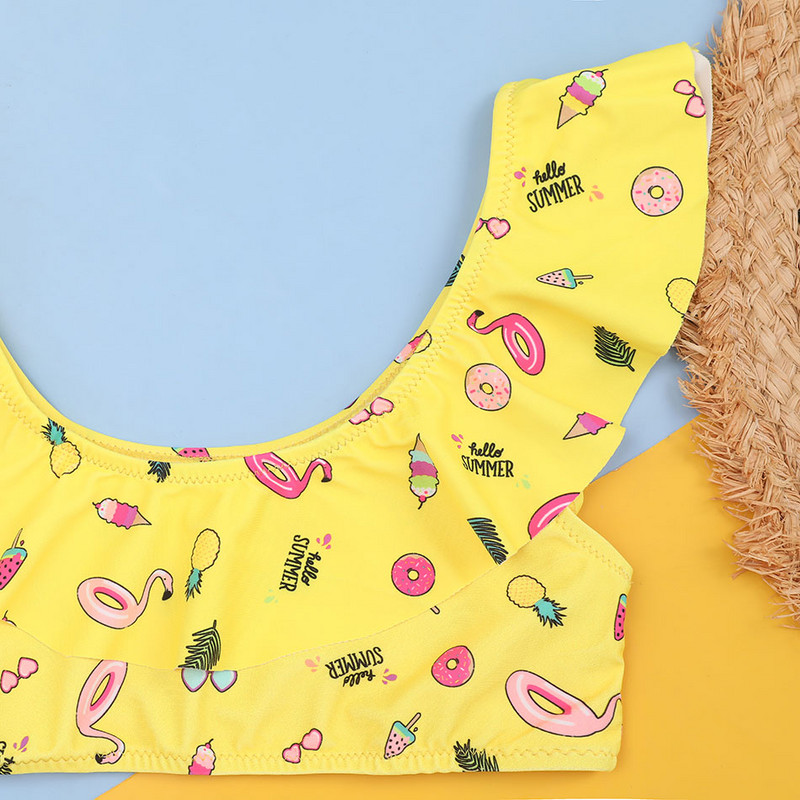 Lányok grafikai nyomtatással készült bikini fürdőruha, gyerekeknek, fodros díszítéssel, kétrészes gyermek fürdőruha 7-14 éves tinédzserek strandruhája