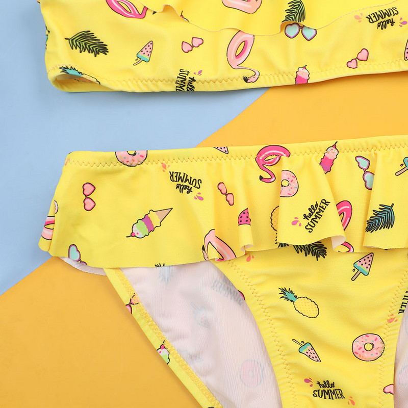 Lányok grafikai nyomtatással készült bikini fürdőruha, gyerekeknek, fodros díszítéssel, kétrészes gyermek fürdőruha 7-14 éves tinédzserek strandruhája