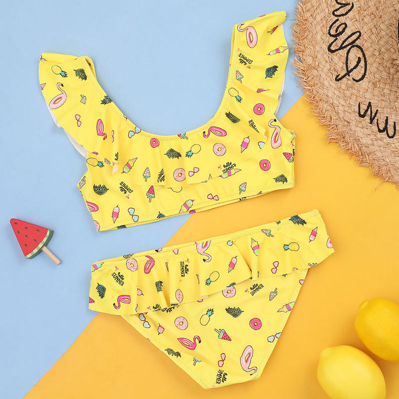 Lányok grafikai nyomtatással készült bikini fürdőruha, gyerekeknek, fodros díszítéssel, kétrészes gyermek fürdőruha 7-14 éves tinédzserek strandruhája