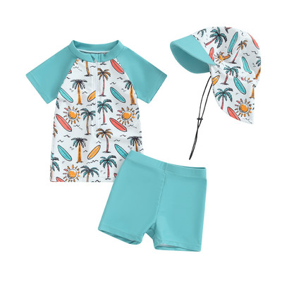 Vaikiškas maudymosi kostiumėlis, skirtas mergaitėms, berniukams, išbėrimo apsaugai, paplūdimio drabužiai, maudymosi kostiumėliai su dinozaurų raštu trumpomis rankovėmis, maudymosi kostiumėliai, kepuraitės, maudymosi kostiumėliai