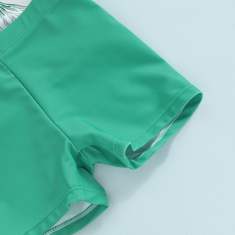 Vaikiškas maudymosi kostiumėlis, skirtas mergaitėms, berniukams, išbėrimo apsaugai, paplūdimio drabužiai, maudymosi kostiumėliai su dinozaurų raštu trumpomis rankovėmis, maudymosi kostiumėliai, kepuraitės, maudymosi kostiumėliai