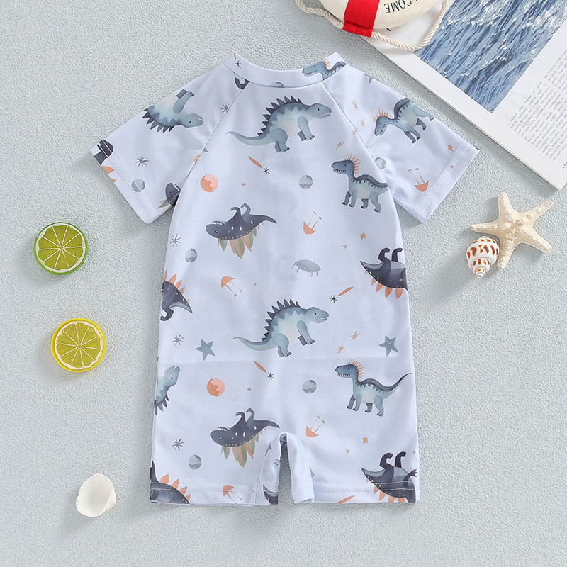 Dinozaurų maudymosi kostiumėlis berniukui apvaliu kaklu, pusiau užtrauktuku trumpomis rankovėmis, apsaugantis nuo išbėrimo maudymosi kostiumėlis kūdikiams mažiems vaikams