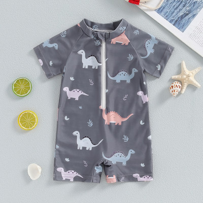 Прохождащо бебе, момче, бански костюм с къс ръкав Rash Guard, динозавър, плажно облекло с половин цип, бански костюм, бански костюм за бебета, прохождащо
