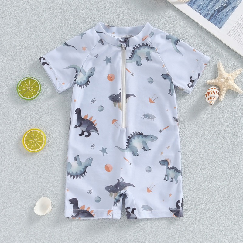 Mažylio berniuko maudymosi kostiumėlis su trumpomis rankovėmis nuo išbėrimo apsaugantis dinozaurų maudymosi kostiumėlis su puse užtrauktuko.