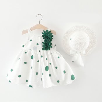 Летни рокли за момиченца, корейски, сладък лък, розови рамена, цветя, памучна рокля на принцеса за малко дете + шапка за слънце, детски дрехи BC010