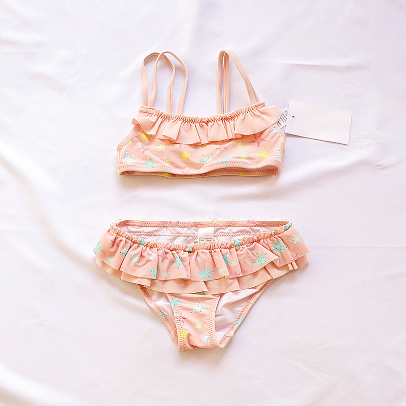 2-10 éves gyerekek lányok fürdőruha fürdőruha 2024 gyermek Falbala bikini szett kötőfék, mintás gyerek lány biquini csecsemő fürdőruha