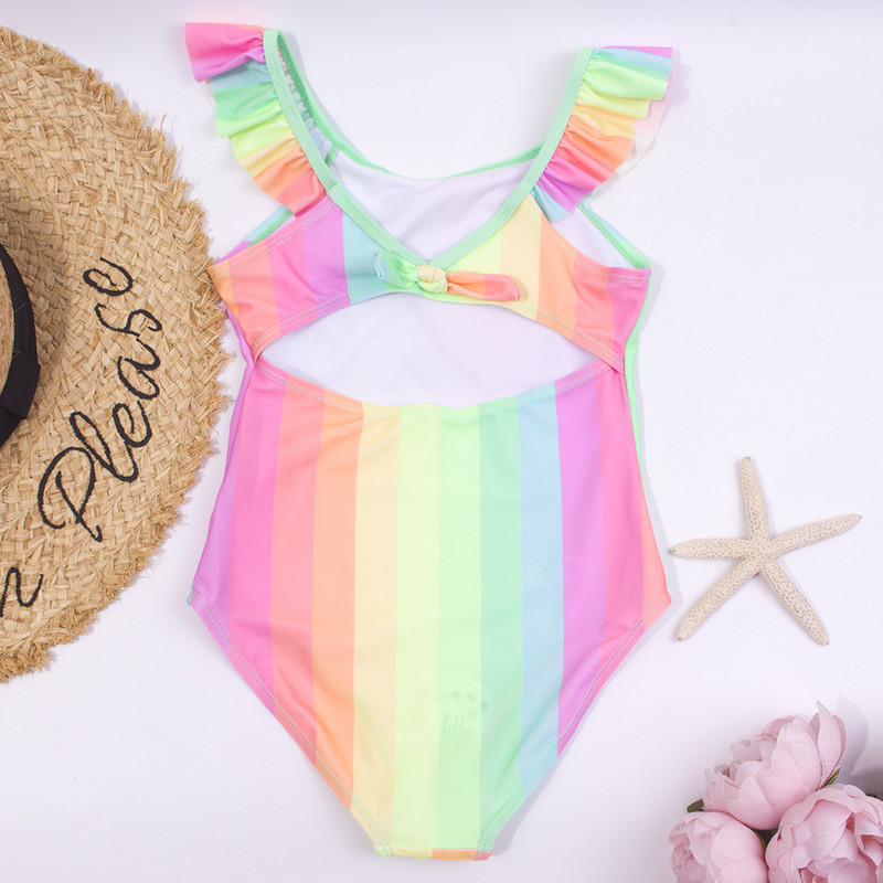 2-8 éves Rainbow csíkos masni gyerekeknek lányok 1 részes fürdőruha tipegő baba gyerekek nyári strand kültéri üreges fürdőruha fürdőruha