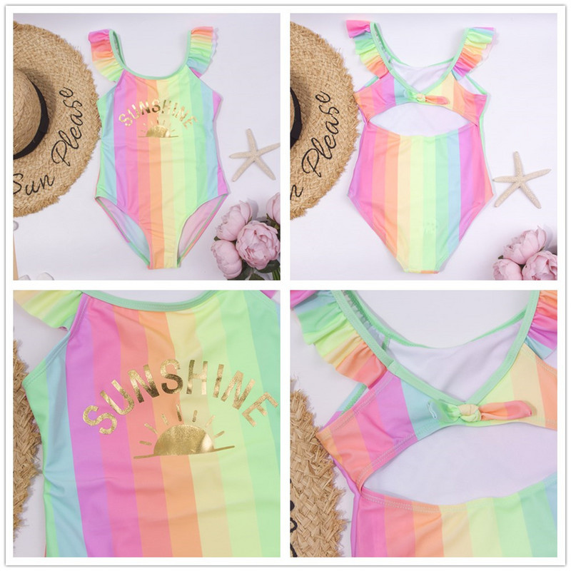 2-8 éves Rainbow csíkos masni gyerekeknek lányok 1 részes fürdőruha tipegő baba gyerekek nyári strand kültéri üreges fürdőruha fürdőruha