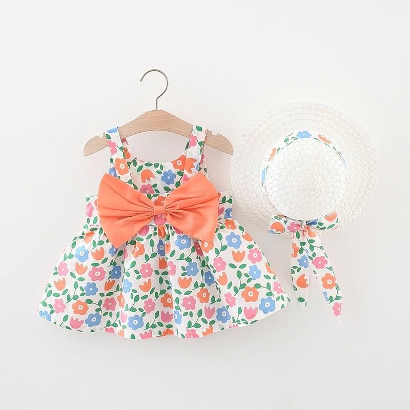 2 részes nyári ruha ruha + napkalap baba lányoknak masni hercegnő ruhák tipegő gyerek ruhák 0-3 éves újszülött aranyos ujjatlan ruha