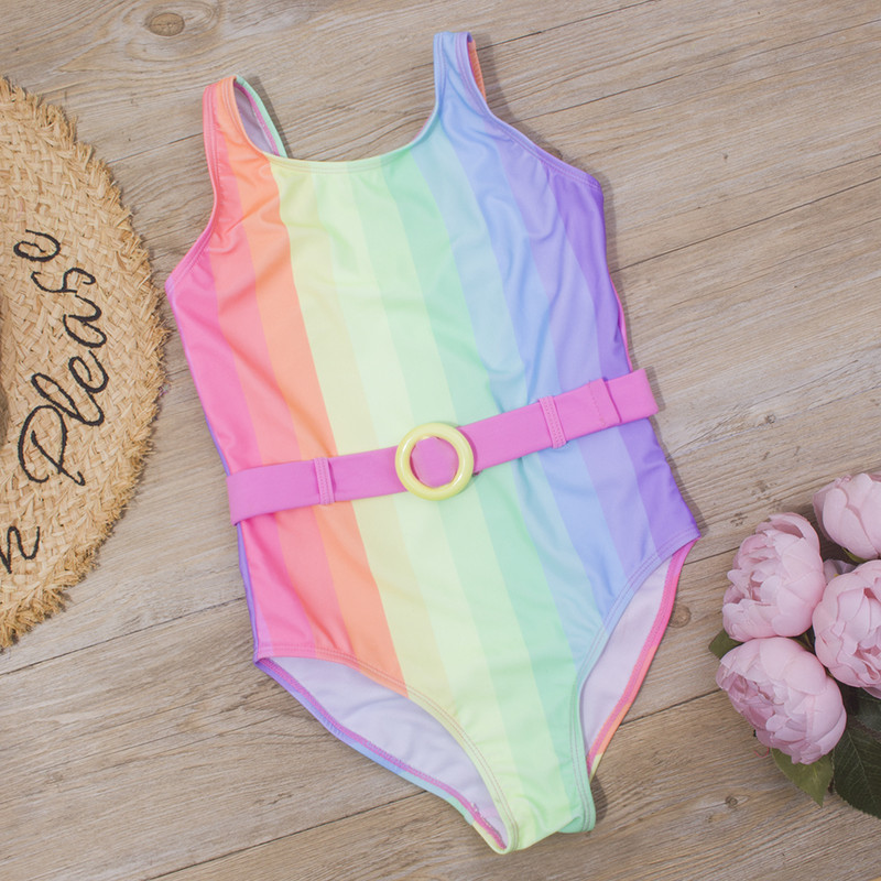 7-14 éves szivárványmintás gyerekeknek lányoknak egyrészes fürdőruha gyerek baba nyári fürdőruha Monokini övvel márkájú gyermek fürdőruha