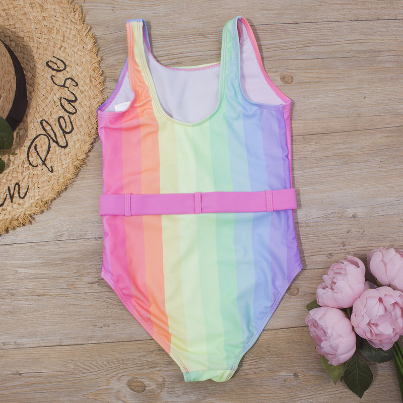 7-14 éves szivárványmintás gyerekeknek lányoknak egyrészes fürdőruha gyerek baba nyári fürdőruha Monokini övvel márkájú gyermek fürdőruha