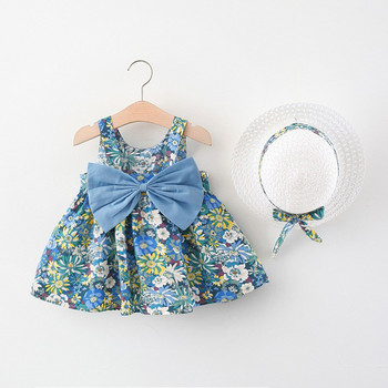 Комплекти от 2 части Летни дрехи за момичета за малки деца Корейска мода Цветя Сладък лък Бебешки рокли на принцеса без ръкави + Детска рокля с шапка за слънце BC136