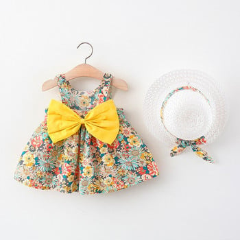 Комплекти от 2 части Летни дрехи за момичета за малки деца Корейска мода Цветя Сладък лък Бебешки рокли на принцеса без ръкави + Детска рокля с шапка за слънце BC136