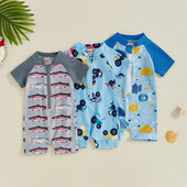 Vaikų berniukų vasariniai maudymosi kostiumėliai, laisvalaikio traktoriaus / žuvies spauda trumpomis rankovėmis, užtrauktuku išbėrimą apsaugantis maudymosi kostiumėlis paplūdimio apranga maudymosi kostiumėlis