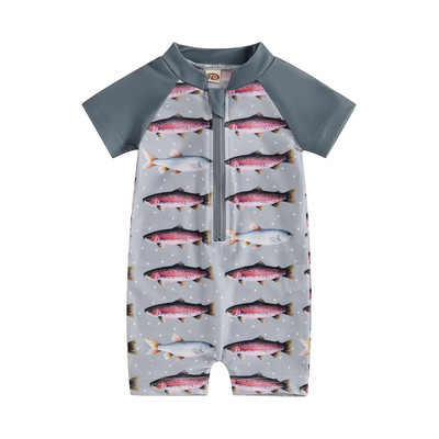 Vaikų berniukų vasariniai maudymosi kostiumėliai, laisvalaikio traktoriaus / žuvies spauda trumpomis rankovėmis, užtrauktuku išbėrimą apsaugantis maudymosi kostiumėlis paplūdimio apranga maudymosi kostiumėlis