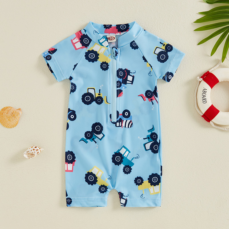 Vaikų berniukų vasariniai maudymosi kostiumėliai, laisvalaikio traktoriaus / žuvies spauda trumpomis rankovėmis, užtrauktuku išbėrimą apsaugantis maudymosi kostiumėlis paplūdimio apranga maudymosi kostiumėlis